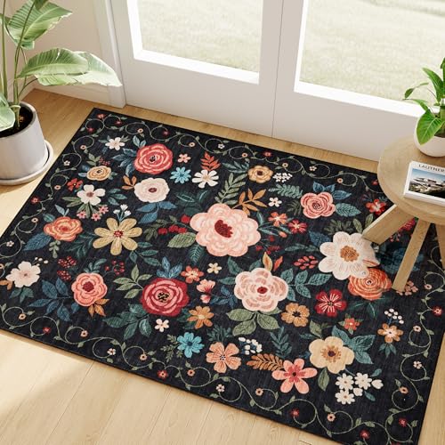 DUKINO 2x3 Door Mat Indoor Entrance, Floral Washable Rug Non Slip, Black | Low Pile, Non-Shedding Small Rug for Kitchen, Entryway, Bedroom, Bathroom, Pet Friendly, Stain Resistant, Modern Home Decor - color: Black, size: 2' x 3' (Rectangular)
