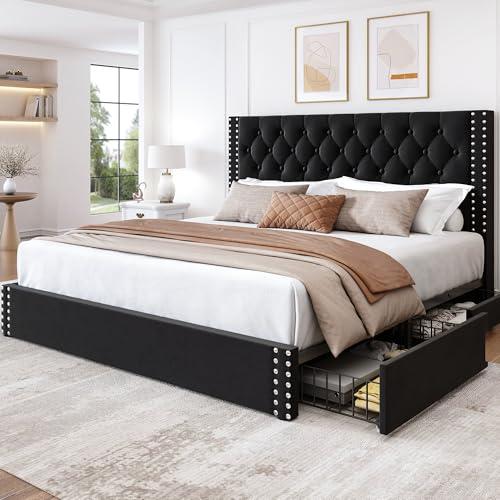 Bed Frame King Size with 4 Storage Drawers and Tufted Headboard Velvet Upholstered Platform Bed Frame with Heavy Duty Wood Slats,No Box Spring Needed,Easy Assembly,Black - color: Black, size: King