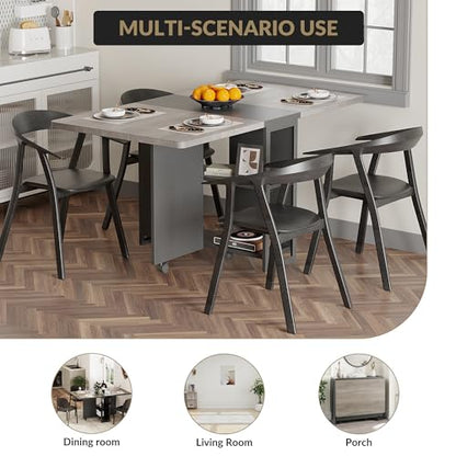 Drop Leaf Table for Small Spaces, Space Saving Folding Dining Table with 6 Wheels, Folding Kitchen Table with 2 Tier Storage Shelves, Foldable Extendable Desk for Apartment, Dining Room