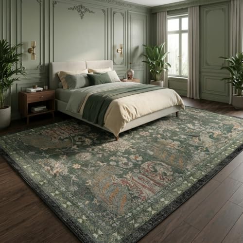 Vintage Distressed Persian Style Area Rug, Washable Living Room Rug 6x9 | Sage Green Rug with Rust Orange Accents, Distressed Oriental Floral Design, Antique-Inspired Style, Bedroom & Home Office Rug - color: Dark Green, size: 6×9