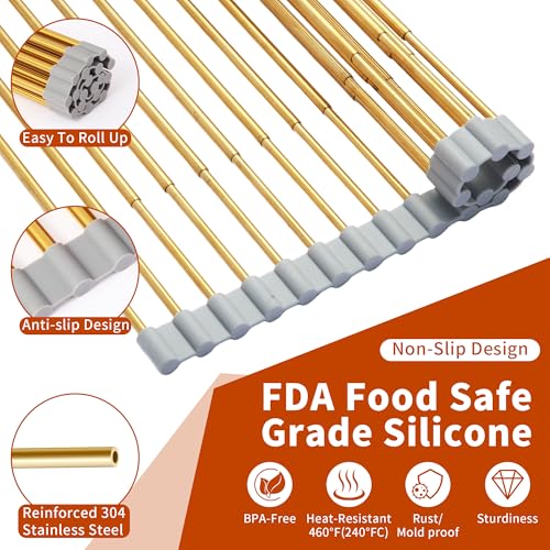 Golden Expandable Roll-UP Dish Drying Rack-Large 304 Stainless Steel Dish Drainer Over The Sink for Kitchen Countertop,Extendable & Rollable & Food Grade (Gold,22.08'x 13.2') - color: Gold, size: Large Expandable