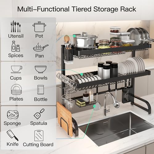 3 Tier Extra Large Stainless Steel Over The Sink Dish Drying Rack | Rust Proof Metal, Expandable Kitchen Sink Drainer, Counter Space Saving, Heavy Duty, Modern Black, Multifunctional Storage - color: Black, size: Over Sink 3 Tier