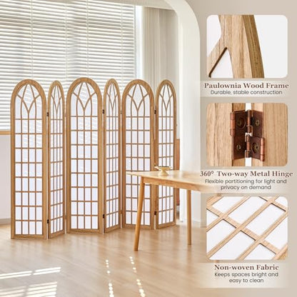 6 Panel Japanese Room Divider, Folding Privacy Screen, Natural | Arched Wood Room Divider, 94.5"W X 66.9"H, Fully Assembled For Bedrooms, Open Rooms, Dining Areas, And Home Offices - color: 6 Panel Natural, size: 6 Panel