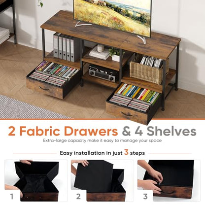 DUMOS 47" TV Stand with Fabric Drawers for 50 55 Inches TV | Entertainment Center and Industrial TV Console Table with Open Storage Shelves for Living Room, Bedroom, Rustic Brown - size: 15.8"D x 47.2"W x 21.7"H