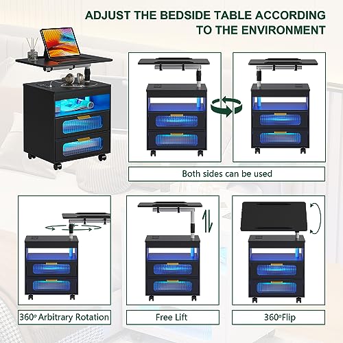 HNEBC LED Nightstand Set of 2 with Charging Station & Adjustable Overbed Desk, 3 Color LED Lights & Body Sensor, Mobile Bedside Table with Wheels, 2 Drawers & Open Shelf for Bedroom (Black) - color: 9603-2-black
