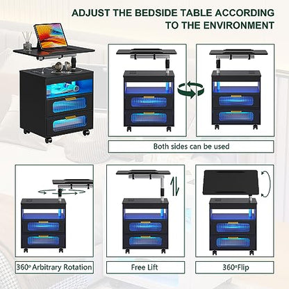 HNEBC LED Nightstand Set of 2 with Charging Station & Adjustable Overbed Desk, 3 Color LED Lights & Body Sensor, Mobile Bedside Table with Wheels, 2 Drawers & Open Shelf for Bedroom (Black) - color: 9603-2-black