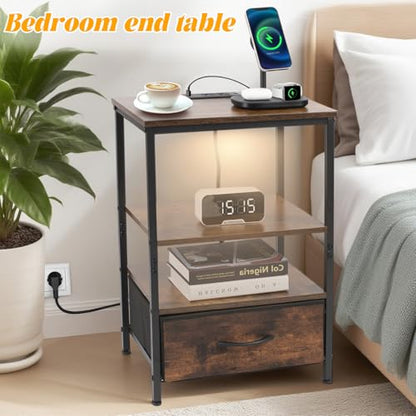Night Stand with Charging Station, Bedside Table with Adjustable Fabric Drawers, End Table with LED Lights, Side Table with USB Ports Open Shelf for Bedroom, Brown - color: Brown