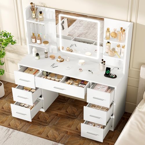 Quimoo Large Vanity Desk with LED Lighted Mirror & Power Outlet, Makeup Vanity Table with 7 Drawers,4 Shelves and 5 Hooks, White Vanity for Bedroom, Bathroom - color: White 4 Drawers Vanity