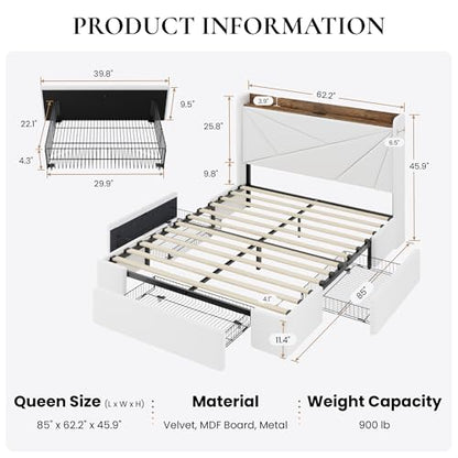 SHA CERLIN Queen Bed Frame, Storage Headboard with Drawers, Charging, White | Velvet Upholstered Bed, Modern Wingback Headboard, 3 Drawers, USB Charging Station, No Box Spring Needed, Easy Assembly - color: White, size: Queen