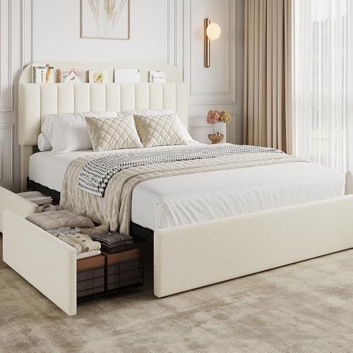 GarveeHome Full Bed Frame, Platform Bed with Storage Headboard & Drawers | Boucle Upholstered Bed Frame, Bookcase Headboard, No Box Spring Needed, Easy Assembly, Ivory White - color: Ivory White, size: Full