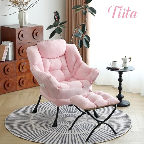 Lazy Chair with Ottoman, Comfy Reading Accent Chair, Pink | Foldable Footrest, Padded Seat and Backrest, Side Pocket for Lounging in Living Rooms, Bedrooms, Dorms and Small Spaces - color: Peach Skin Pink