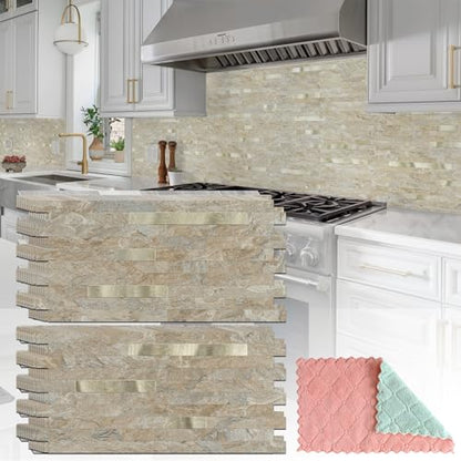 StyloVue 20 Sheets Peel and Stick Backsplash for Kitchen, Sandstone with Metal Gold Look Stick on Tile Upgrade Your Kitchen Backsplash, RV, Fireplace - color: Sandstone With Metal Gold