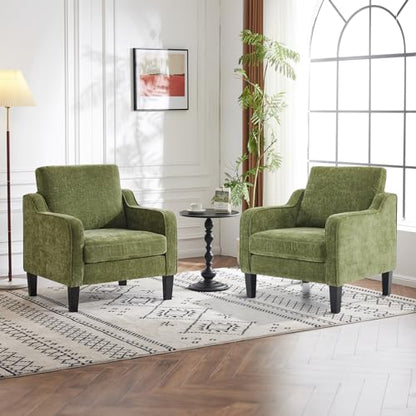 VINGLI Chair Olive Green Upholstered Chenille Accent Chair for Living Room, Bedroom, Mid-Century Modern Arm Chair Comfy Reading Chair with Scooped Arms - color: Olive Green