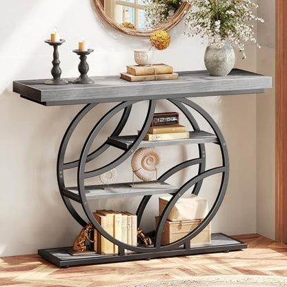 Huuger 41.3 Inch Entryway Table, Console Table with Shelves, Sofa Table | Modern Entrance Table, Console Tables for Entryway, Hallway, Entrance, Foyer, Living Room, O-Shaped Accent Table, Light Grey - color: Light Grey, size: 11.8"D x 41.3"W x 31.5"H