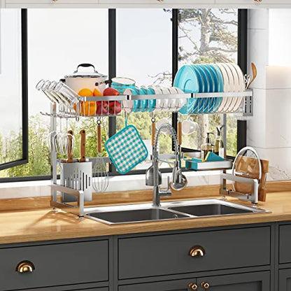 Over The Sink Dish Drying Rack with Cup and Utensil Holder | 2 Tier Stainless Steel,Expandable,Rust Proof Metal,Space Saving,Big Capacity Plate Drainer Above Kitchen Counter,Silver - color: Silver, style: Over Sink 2 Tier