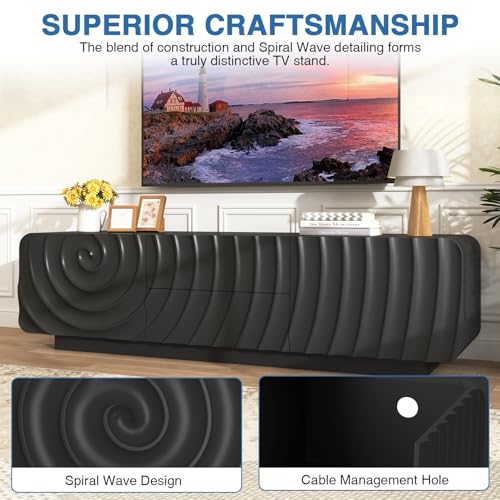 58'' TV Stand for 65 Inch TV, Modern Spiral Wave Media Console with Storage Cabinet and 2 Drawers, Low Profile Entertainment Center for Living Room Bedroom (Black)