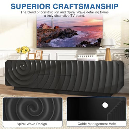 58'' TV Stand for 65 Inch TV, Modern Spiral Wave Media Console with Storage Cabinet and 2 Drawers, Low Profile Entertainment Center for Living Room Bedroom (Black)