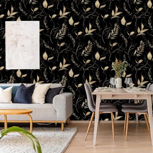 Dark Black and Gold Leaf Peel and Stick Wallpaper 17.7" x 354" | Self-adhesive removable waterproof leaf design for bedroom accent walls and renter friendly spaces - color: Black&Gold, size: 17.7" x 354"