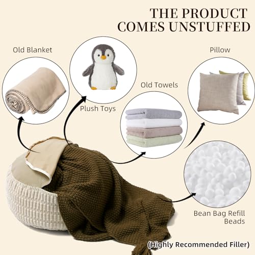 Round Ottoman Pouf Cover Bean Bag Foot Rest, Beige | Cover Only, 20x20x8 In, Soft Corduroy, Ribbed Texture, Living Room, Bedroom, Reading Nook - color: Beige