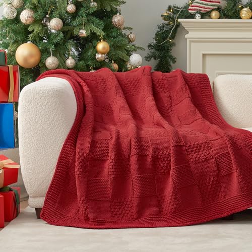 Knit Throw Blanket, Soft Chenille Cozy Breathable Checkered Chunky Decorative Blanket for Couch, Bed & Sofa, French-Inspired Lightweight Warm Gift for Women, Christmas Red, 50"x60" - color: Checkered Christmas Red, size: Checkered Knit 50"x60"