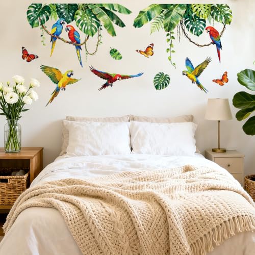 Tropical Parrot and Monstera Wall Decals, Wall Stickers Decor | 2 Sheets 11.8"x37.8" Vinyl Removable Peel and Stick Murals, Plant Decor for Bedroom, Bathroom, Office, Classroom & Home - style: Tropical Parrot and Monstera