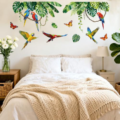 Tropical Parrot and Monstera Wall Decals, Wall Stickers Decor | 2 Sheets 11.8"x37.8" Vinyl Removable Peel and Stick Murals, Plant Decor for Bedroom, Bathroom, Office, Classroom & Home - style: Tropical Parrot and Monstera