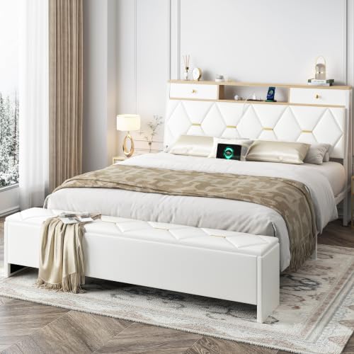 FreeHouse Queen Bed Frame with Storage Headboard and Drawers, PU Leather | Upholstered Platform Bed Frame Queen Size with Charging Station, Diamond Tufted, No Box Spring Needed, Metal Structure, White - color: White, size: Queen