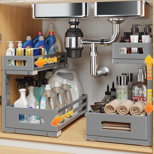 2-Pack Under Sink Organizers and Storage,2-Tier L Shape Pull Out Cabinet Organizer With Round Tube Slide Rails,Hight Adjustable Slide Out Drawers for Kitchen&Bathroom,Multi-Purpose Storage Shelf-Gray - color: Gray, size: 2 Pack-15.7"Dx11.4"-16.34"H