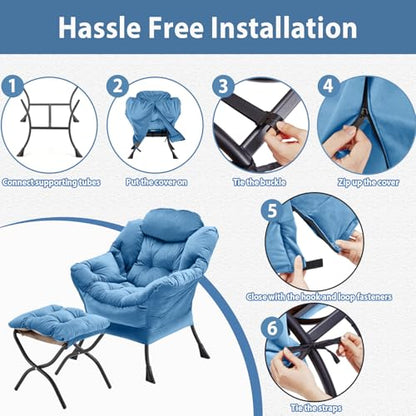 Youtanic Lazy Chair with Folding Ottoman, Accent Chair Velvet Upholstered with Metal Structure and Non-Slip Pads, Sofa Armchair with Footrest and Side Storage Bag for Dorm, Room, Office, Light Blue - color: Light Blue