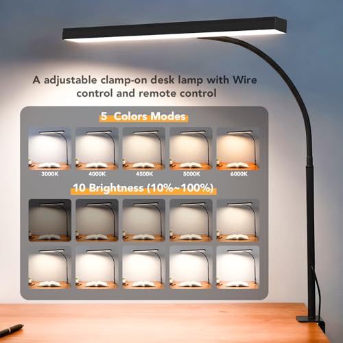 LED Desk Lamp with clamp, Remote Control Desk Lamp, 5 Color Modes & 10 Brightness Levels, 17'' Wide Light Bar, Eye Caring Gooseneck Desk Light, Adapter Included - color: Black