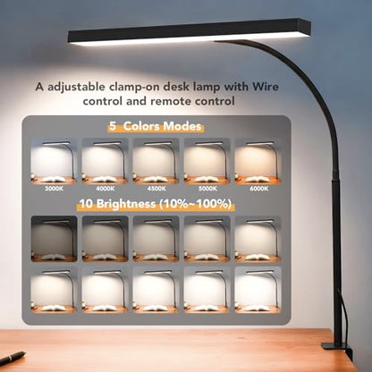 LED Desk Lamp with clamp, Remote Control Desk Lamp, 5 Color Modes & 10 Brightness Levels, 17'' Wide Light Bar, Eye Caring Gooseneck Desk Light, Adapter Included - color: Black