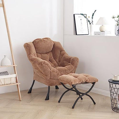 Lazy Chair with Ottoman, Comfy Accent Reading Chair, Plush Brown | Foldable Footrest,Removable Cover,with Armrests and Side Pockets,Upholstered Lounge Chair for Bedroom,Dorm,Office,Small Space - color: Plush Brown