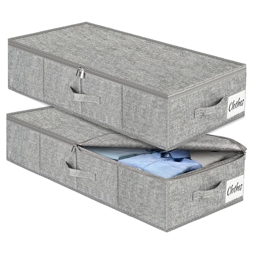 Under Bed Storage Container Bins 2 Pack, Low Profile Foldable Underbed Clothes Storage Organizer W/ Ultra Thick Fabric and Sturdy Bottom/Sides, Dual Zipper Storage Box for Dorm and Home 30x16x6.7" - color: Grey-2 Pack, size: 6.7in-space