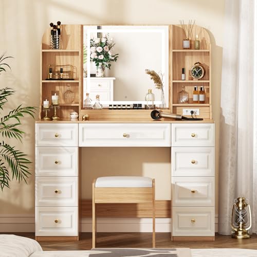 Arulvmrn 43" Makeup Vanity Desk with Mirror and Lights, & Power Outl, Glass Top Big Vanity Table with 9 Drawers& 8 Storage Shelves, Dressing Table Set with Chair for Bedroom, Oak - color: Oak