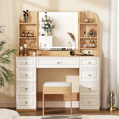 Arulvmrn 43" Makeup Vanity Desk with Mirror and Lights, & Power Outl, Glass Top Big Vanity Table with 9 Drawers& 8 Storage Shelves, Dressing Table Set with Chair for Bedroom, Oak - color: Oak
