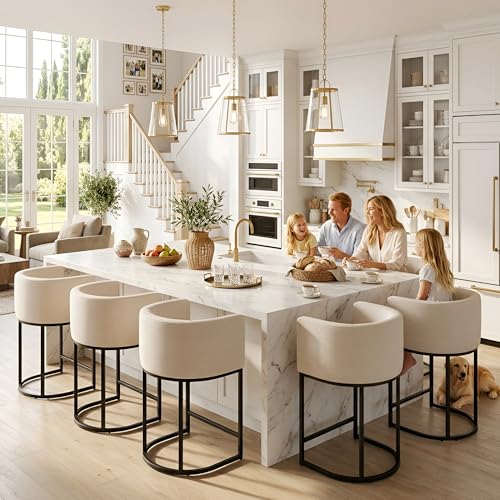 HNY Modern Counter Height Bar Stools Set of 2, 24" Linen Counter Stools with 8.5" Extra Tall Barrel Back, Black Tubular Frame, Deep Comfortable Seat Island Stools for Kitchen Counter, Home Bars, Cream - color: 24inch Cream,black Base