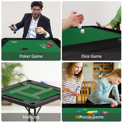 Folding Card Table, 35.4" Square Mahjong Table with Green Felt, Chip Trays and Cup Holders, Portable Domino Tables for 4 Players, Card Game Tables for Mahjong Poker Domino Game, Black - color: Black