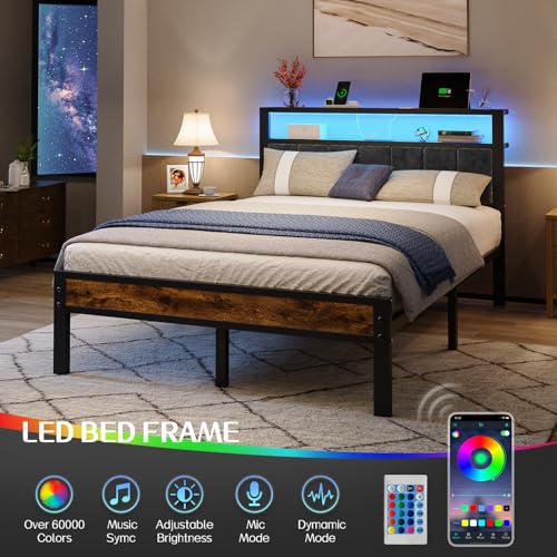 Liians Full Size Bed Frame with LED Lights, Charging Station | Platform Bed with Grey Upholstered Headboard, 2-Tier Storage Shelf, Noise Free, No Box Spring Needed - size: Full