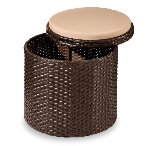 Best Choice Products Round Wicker Ottoman, Multipurpose Outdoor Furniture for Patio, Backyard, Additional Seating, Footrest, Side Table w/Storage, Removable Cushions – Brown/Beige - color: Brown/Beige