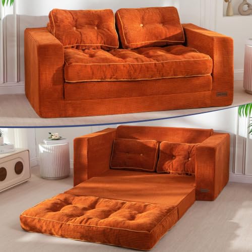 MAXYOYO Folding Sofa Bed, Convertible Sleeper Loveseat with Pillows | 2-Person Fold-Out Loveseat, Convertible Sleeper Bed with Supportive Pillows for Relaxing or Overnight Guests, Orange - color: Orange Red