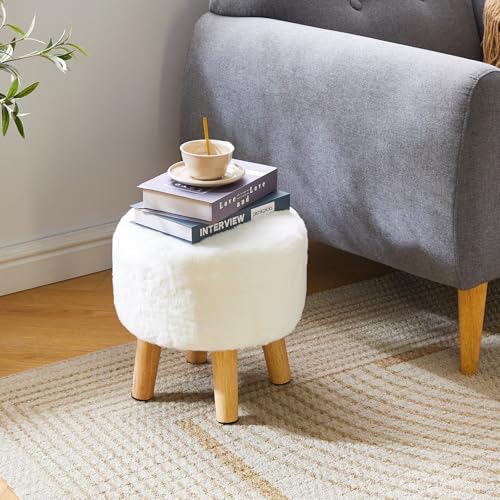 YMYNY Round Pouf Ottoman, 12.6" Small Foot Stool, White HBD035W | Faux Fur, Wood Legs, Foot Rest for Couch, Modern Boho for Living Room Bedroom Office - color: White