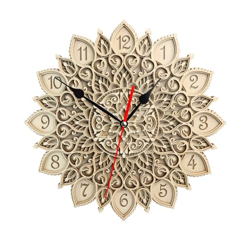 12-Inch 3D Mandala Wall Clock, Silent Non-Ticking Decorative Wooden Clock for Living Room, Boho Wall Art & Modern Farmhouse Home Decor, Unique Housewarming Gift for Bedroom or Office