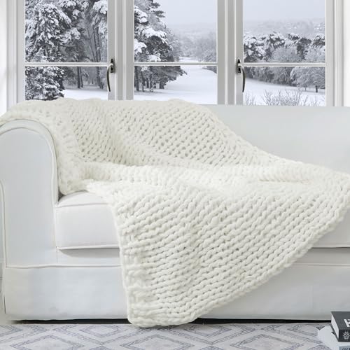 Cheer Collection Chunky Knit Blanket - Throw Blankets for Bed & Couch, Cozy Chunky Knit Throw Blanket, Ultra-Soft Oversized Knitted Blanket, Machine Washable Knit Throw Blanket- 50''x60'', Off White - color: Off White