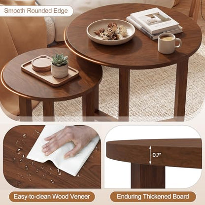GIANTEX Round Nesting Coffee Table Set of 2, Wood End Tables, Walnut | Thickened Top & Solid Rubber Wood Legs, Farmhouse Sofa Side Table for Small Spaces Living Room Bedroom - color: Walnut