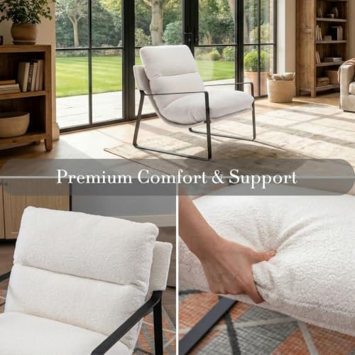 1-Pack Modern Accent Chair, Sherpa Living Room Chair, White | Comfy Armchairs, Upholstered Lounge Armchair, Removable Seat Cushion, Black Metal Frame, For Reading Room, Bedroom, Balcony - color: White, size: 1PC