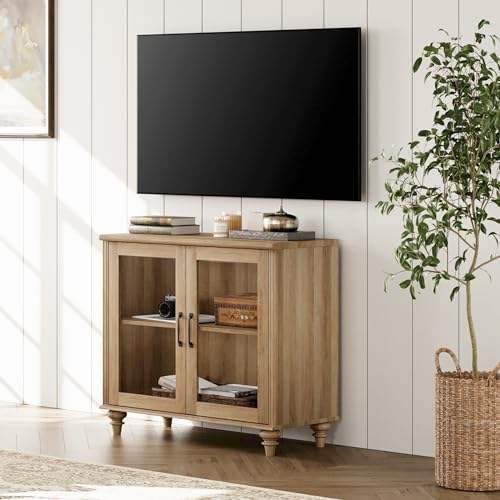 WAMPAT Farmhouse TV Stand for TVs Up to 43 inch, Glass Wood Universal TV Stand with 2 Storage Cabinets, Oak Entertainment Center for 32-43 inch TV Console Table for Living Room, Bedroom - color: Oak-a, size: 1