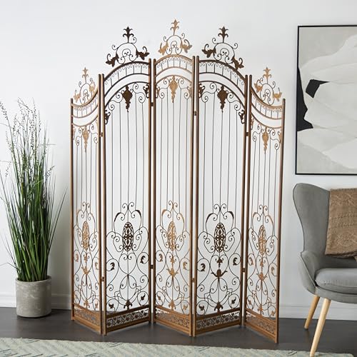 Deco 79 Metal Room Divider Screen 80" x 1" x 80", Satin Bronze | More privacy, room divider screens with scrollwork, 5-panel privacy panel, adjustable levelers