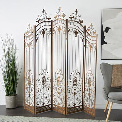 Deco 79 Metal Room Divider Screen 80" x 1" x 80", Satin Bronze | More privacy, room divider screens with scrollwork, 5-panel privacy panel, adjustable levelers