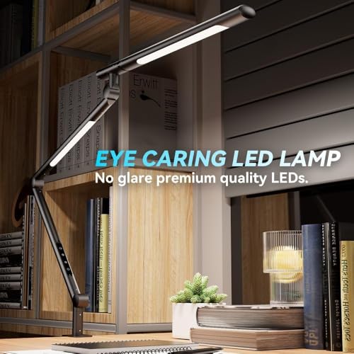 Adjustable LED Desk Lamp Modern Black - Clamp Mount Office Table Light with Desktop Remote Control, Adjustable Brightness & Color Temperature, 5 Lighting Modes for Reading, Computer, DIY