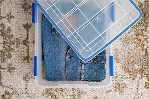 IRIS USA 3-Pack 26.5 Qt Storage Bins with Gasket Lids, Clear/Blue | WeatherPro seal protects everyday essentials in closets, offices and laundry rooms - size: 27 Qt. - 3 Pack